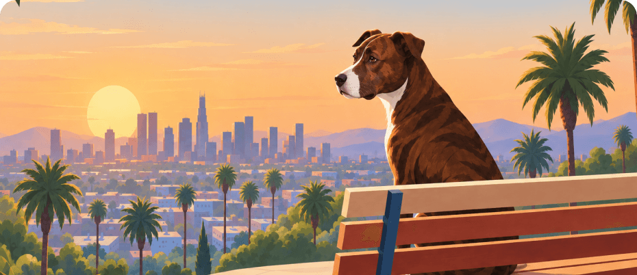 A dog on a bench overlooking the Los Angeles skyline at sunset