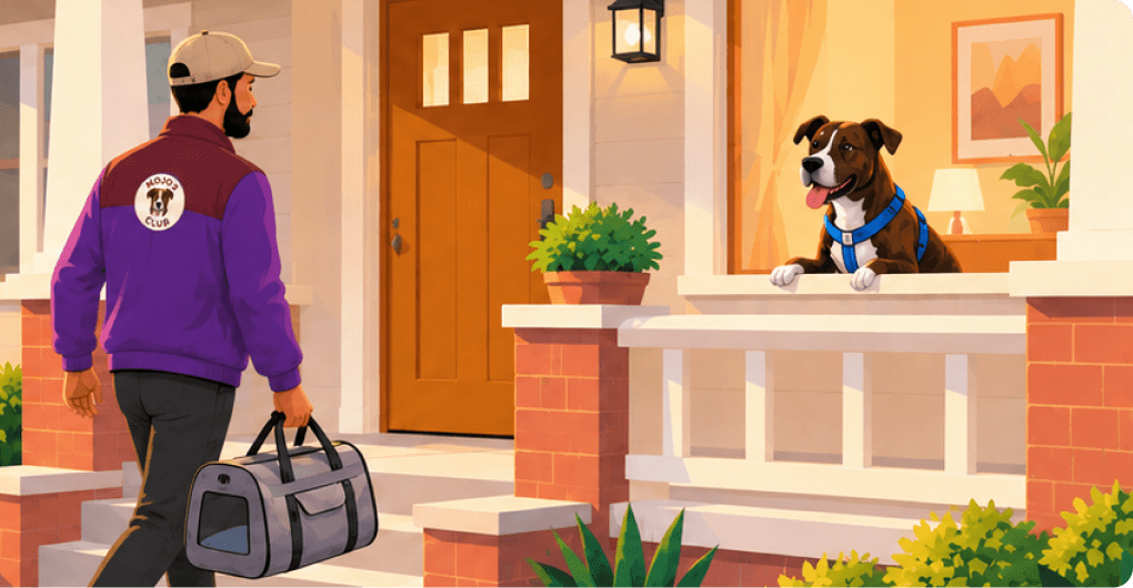 A Mojo's Club pet handler arriving at a house where a dog waits on the porch